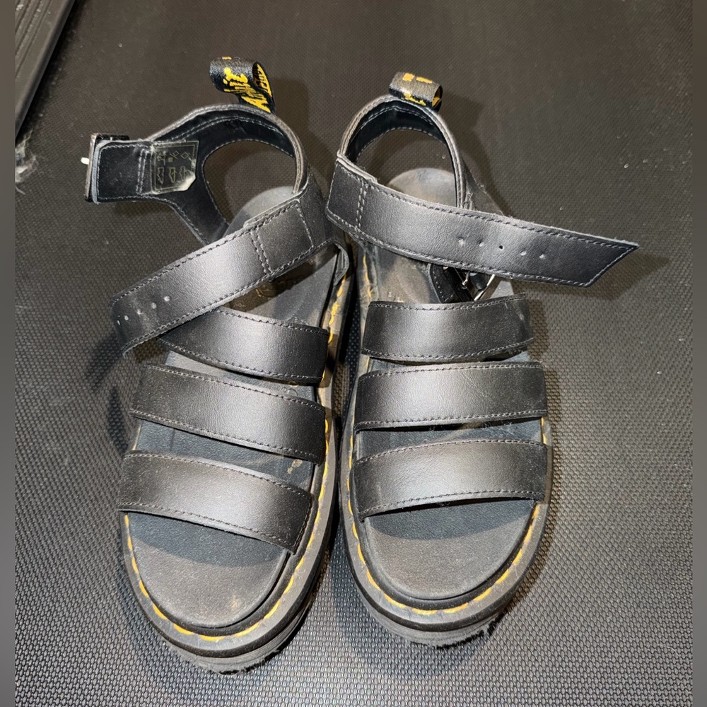 Dr. Martens women's  Black Leather Multi-Strap Sandals with Yellow Stitching
